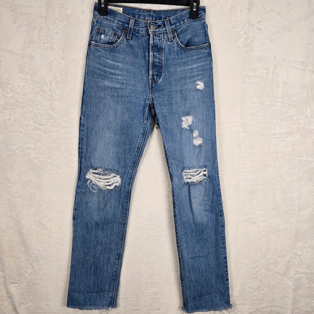 Levis Premium 501 Original Fit Distressed Straight Leg Jeans Blue‎ W24 L30